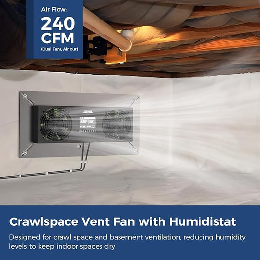 ALORAIR Crawl space Basement Ventilator Fan, VentirPro-S2 with Temperature Humidity Controller, Timing Cycle, Speed Control, for attic, garage, shed, crawl space, basements, 240CFM (Air-out)